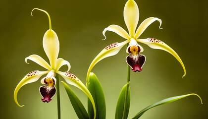 Macro capture of two yellow orchids with dark maroon spotted labellums. Soft focus green background highlights delicate petal texture and vibrant color contrast under natural lighting.