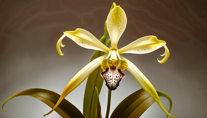 Vibrant yellow orchid with spotted labellum and curled petal tips. Studio macro shot highlights botanical detail against warm gradient background. Naturalistic elegance with vivid color contrast.