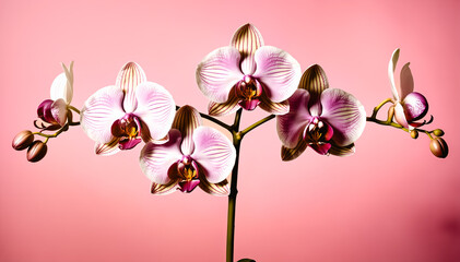Elegant orchid branch with blossoms and buds in macro. Soft focus highlights delicate petals and vibrant color. Studio lighting enhances luxurious, minimalist botanical illustration aesthetic.