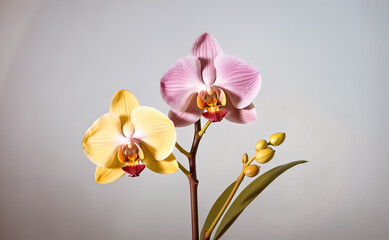 Exquisite macro still life of a pink and yellow orchid with buds and leaves, lit by high-key studio light against a soft gradient. Botanical serenity captured with minimalist precision.