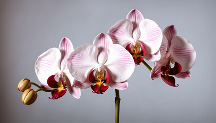 Studio macro of Phalaenopsis orchid: white petals veined pink, vibrant red-yellow center. Minimalist composition, neutral gradient background, high-key lighting.