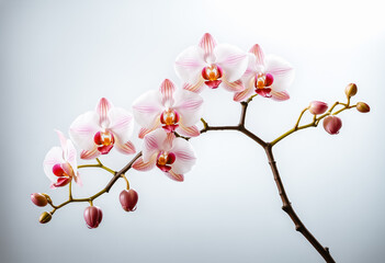 Phalaenopsis orchid branch with white-pink blooms and magenta centers, studio-lit against gradient background. Buds hint at future blooms. High-key lighting highlights velvety petals and organic form.