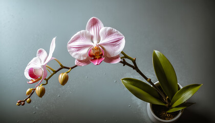 Pink orchid with magenta accents and glossy green leaves in white pot. Studio macro still life with soft lighting, shallow depth of field, minimalist composition.