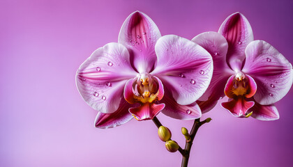 Macro shot of pink and white orchids with water droplets. Studio lighting highlights velvety petals against gradient purple. Botanical beauty with vintage elegance.