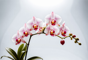 Phalaenopsis orchid blooms in soft pink and white with red veining, captured in high-key studio lighting against a minimalist gradient. Elegant, serene botanical beauty with shallow depth of field.