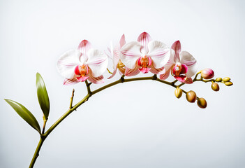Elegant Phalaenopsis orchid with pink veined white petals, unopened buds, and green stem. Studio shot with high-key lighting, minimalist composition. Botanical beauty, serenity, natural elegance.
