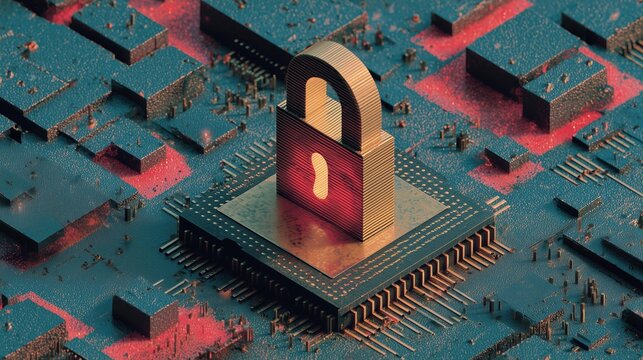 The image shows ultra detailed 3D render of a microchip with a golden padlock perched on top, symbolizing cybersecurity with neon teal glow