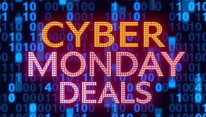 Cyber monday deals online shopping digital promotions technology abstract environment glowing binary codes
