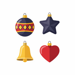 Christmas Ornaments Set: Ball, Star, Bell, and Heart, Isolated on Transparent Background