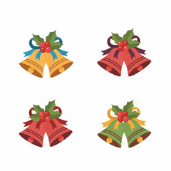 Set of Christmas Bells with Holly and Ribbons, Transparent Background