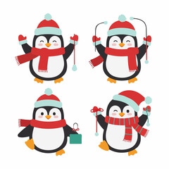Cute Cartoon Winter Penguins Set in Various Poses with Festive Attire and Transparent Background.