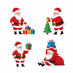 Collection of Cartoon Santa Claus Illustrations with Christmas Gifts and Tree on Transparent Background