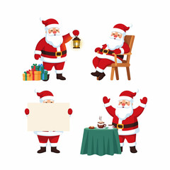 Set of Happy Santa Claus Cartoon Illustrations with Gifts, Chair, and Coffee on Transparent Background