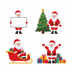 Collection of Festive Santa Claus Illustrations with Christmas Tree, Sleigh, and Gifts on Transparent Background