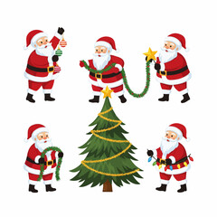 Cartoon Santa Clauses Decorating Christmas Tree with Ornaments and Lights, Festive Holiday Illustration on Transparent Background