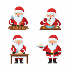 Set of Cheerful Santa Claus Characters Cooking, Baking, and Eating Festive Meals, Vector Illustrations with Transparent Background.