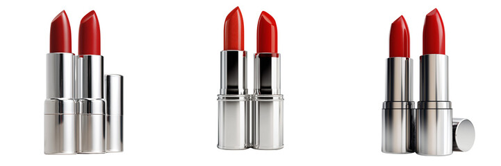 Obraz premium Set of Red lipstick in a sleek silver tube case with the cap removed on transparent png background. Ai generated