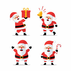 Set of Four Happy Cartoon Santa Claus Characters with Christmas Objects on Transparent Background