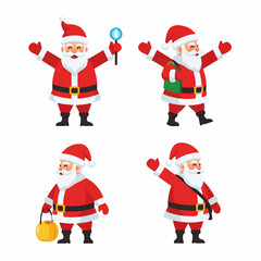 Four Cartoon Santa Claus Illustrations with Diverse Poses on Transparent Background