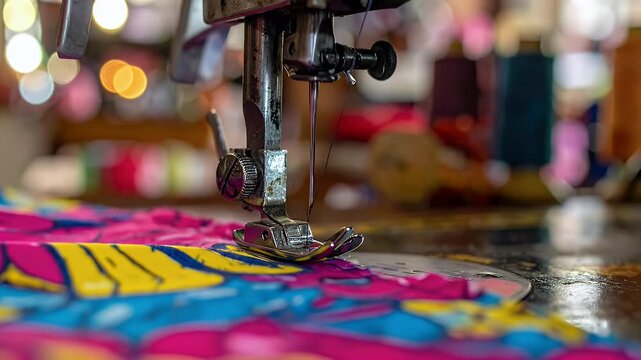 Close up on sewing machine needle stitching colorful patterned fabric with bokeh background soft lighting