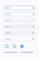 A collection of search bar UI elements showcasing different design styles, including skeumorphic and glassmorphic.