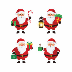 Cheerful Santa Claus Characters Presenting Various Christmas Gifts and Festive Items, with a Transparent Background.