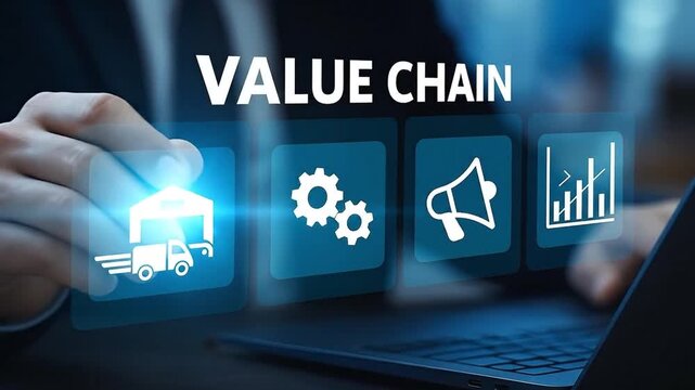 Digital Value Chain Management Concept with Business Workflow Icons on Virtual Screen for Strategic Planning & Optimization