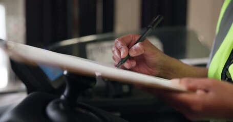 Clipboard, logistics and hands of person on forklift in warehouse for delivery with supply chain. Industry, ecommerce and cargo manager writing with distribution details on lift truck in factory. - Powered by Adobe