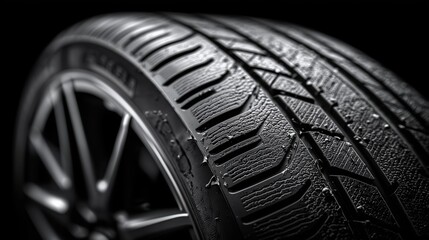 Close-Up View of a Slick Car Tire with Water Droplets on a Dark Background