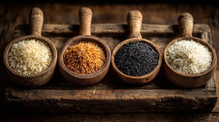 A Variety of Raw Rice Types in Wooden Bowls Displayed on a Rustic Wooden Surface