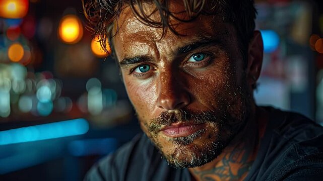 Close Up Portrait Of A Man With Blue Eyes Covered In Gold Glitter With Dark Tattoos And Blurred Bokeh Lights In