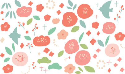 お正月素材。年賀状用の椿と桜のかわいいフレーム。和風花柄素材。
New Year's material. A cute frame of camellia and cherry blossoms for New Year's cards. Japanese-style floral material.