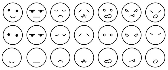 手書きの喜怒哀楽いろんな感情アイコン　黒線　笑顔・じと目・寂しい・ショック・驚き・びっくり・怒るなど