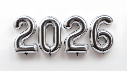 Silver foil balloons spelling out the year 2026 against a clean white background, perfect for new year celebrations and future planning