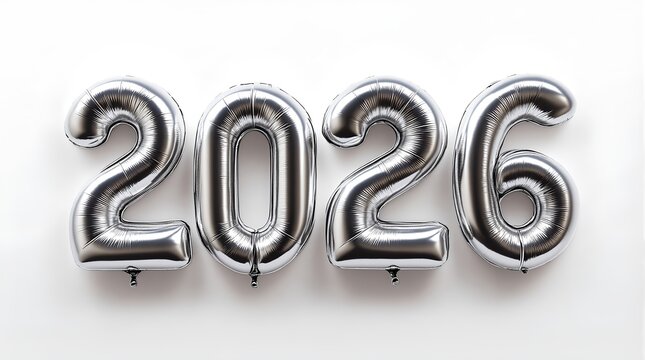 Silver foil balloons spelling out the year 2026 against a clean white background, perfect for new year celebrations and future planning