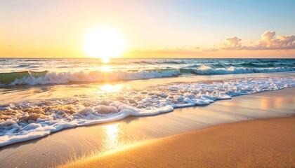 Beautiful sunset over the ocean. Waves crash on the shore, illuminated by the golden sunlight. The sky and water glow