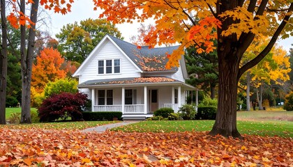 White Farmhouse Amidst Vibrant Autumn Foliage