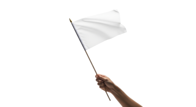 A person's hand holds a small white flag waving gently against a clean, isolated white background, symbolizing peace or surrender.