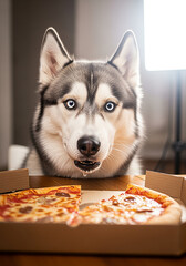 Siberian Husky dog with pizza in a box. Selective focus.
