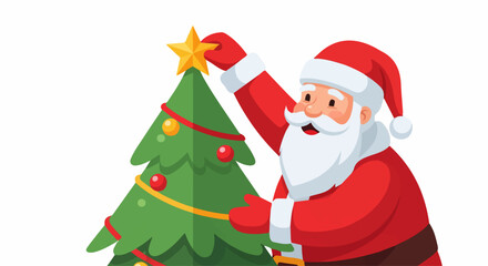 Fototapeta premium Festive Santa Claus Decorating a Christmas Tree with a Golden Star on a Transparent Background.