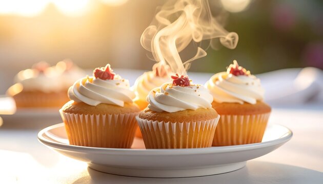 Close-up of cupcakes with creamy frosting and delicate decorations