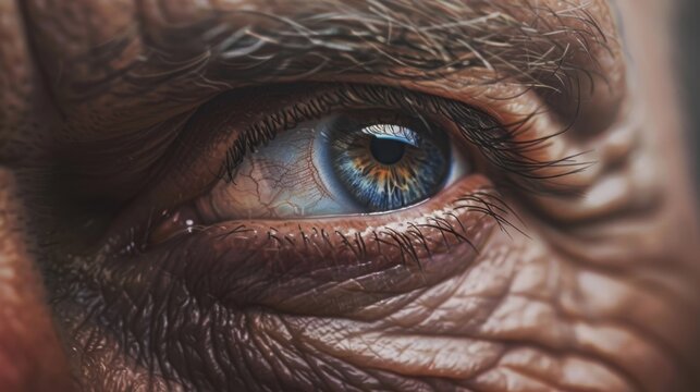 Close-up of an elderly man's eye. The eye is blue with intricate details. The skin around the eye is wrinkled, showing signs of aging.