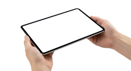Hands holding a modern tablet with a blank white screen horizontally, isolated on a white background.