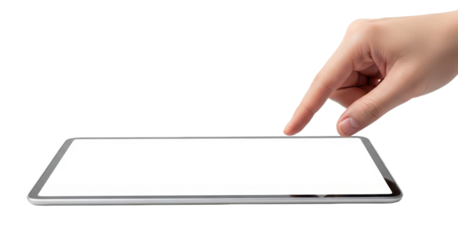 A human hand's index finger is poised to interact with the blank white screen of a silver digital tablet, isolated on a clean white background.
