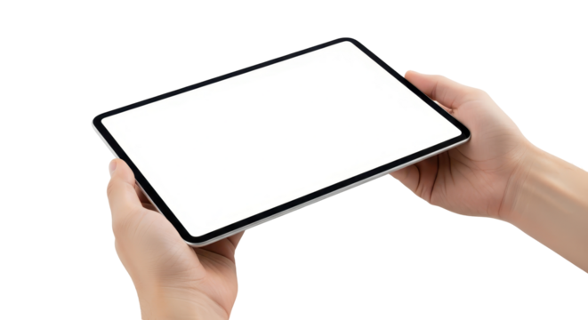 Hands holding a modern tablet with a blank white screen horizontally, isolated on a white background.