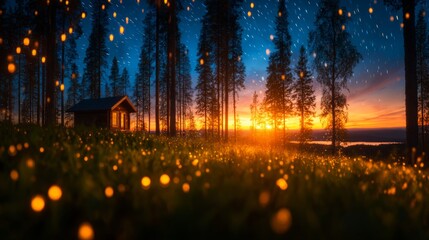 Obraz premium Celebration of blessings with baubles at a cozy cabin under angelic stars in a serene forest environment