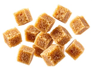 Close-up of scattered brown sugar cubes with a white background