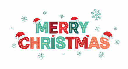Vibrant Merry Christmas Typography with Santa Hats and Snowflakes on a Transparent Background.