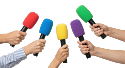 Multiple hands holding colorful microphones for a press conference or interview, symbolizing media attention and public discourse.