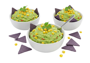 Isolated guacamole dip, blue corn tortilla chips snack, healthy appetizer in a bowl with spoon